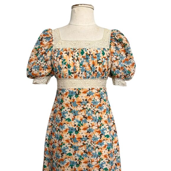 70s vintage puff sleeve cottage dress victorian prairie maxi pleats floral lace. - Picture 2 of 8